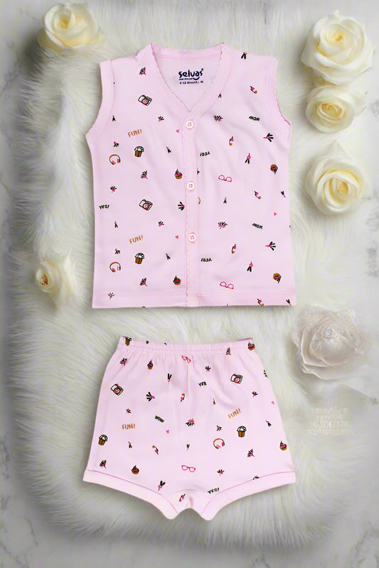 Baby boys Pink cotton printed sleeveless vest and shorts set for 0-3 months with fun summer prints
