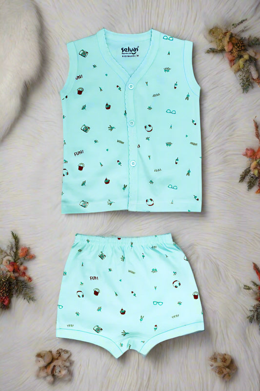 Baby boys Sky blue cotton printed sleeveless vest and shorts set for 6–12 months with fun summer prints