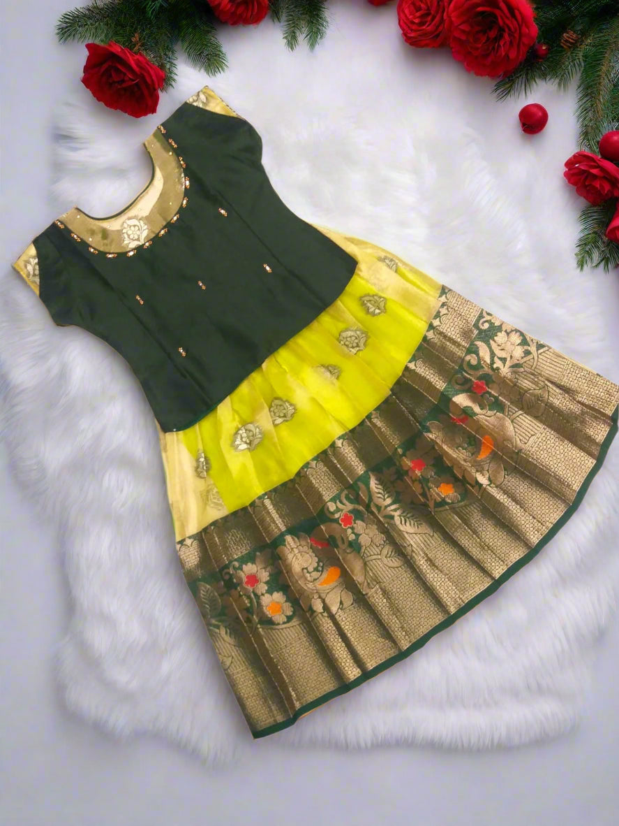 Banarasi Organza Pattu Pavadai with Dark Green Kundan Work Silk Blouse – Traditional South Indian Kids Ethnic Wear for Weddings & Festivals