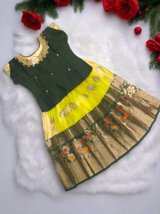 Banarasi Organza Pattu Pavadai with Dark Green Kundan Work Silk Blouse – Traditional South Indian Kids Ethnic Wear for Weddings & Festivals