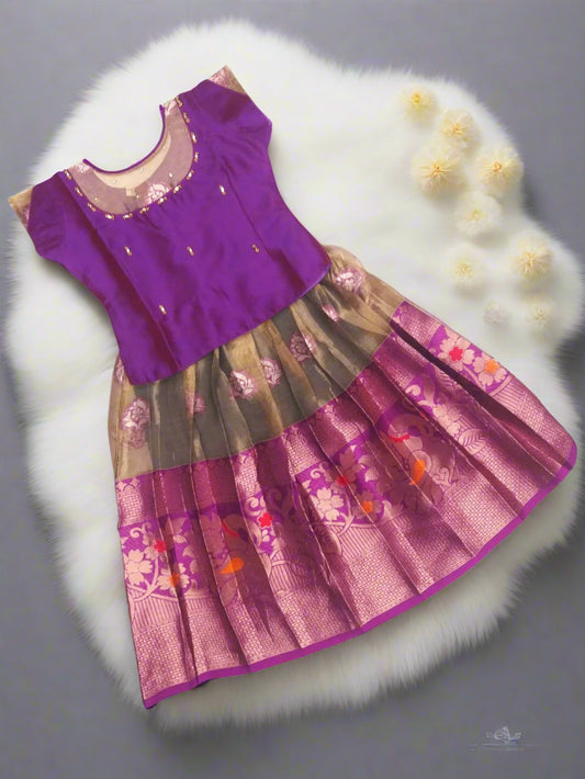 Banarasi Organza Pattu Pavadai with Purple Kundan Work Silk Blouse – Traditional South Indian Kids Ethnic Wear for Weddings & Festivals"