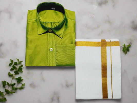 Boys traditional outfit with parrot green shirt and white dhoti featuring gold border – South Indian ethnic wear set for kids