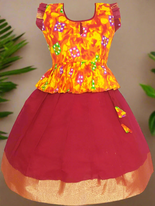 Girls Orange Ikat Top with Maroon Mercerised Pattu Pavadai