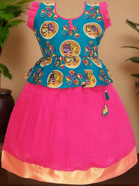 Girls Teal blue Ikat Top with Rani Pink Mercerised Pattu Pavadai