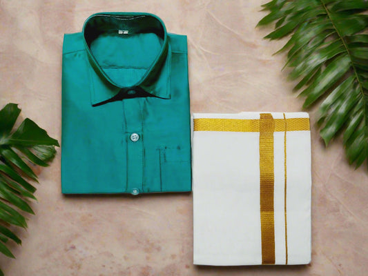 Boys traditional outfit with Pista Green shirt and white dhoti featuring gold border – South Indian ethnic wear set for kids