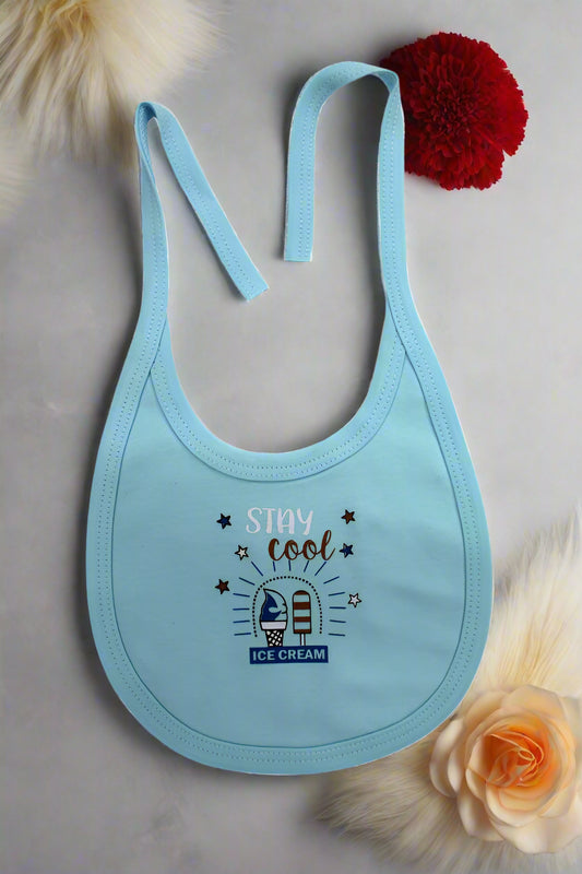 Light blue baby bib with 'Stay cool ice cream' text and graphics on a white background