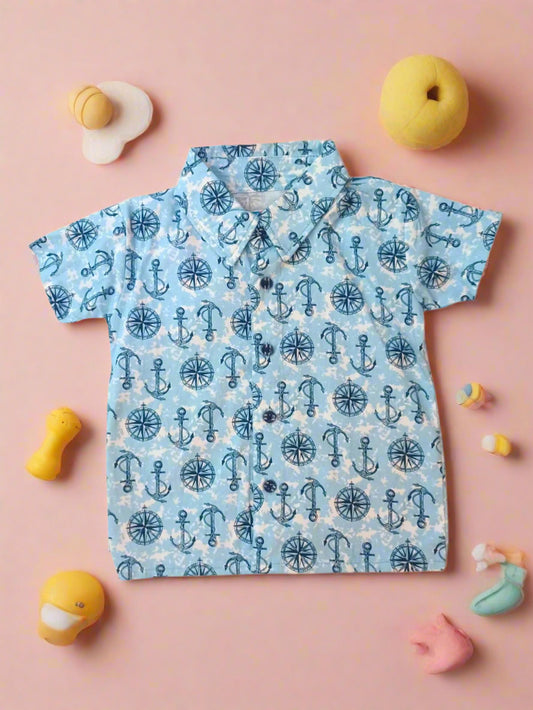 Blue baby boys premium cotton shirt with blue Anchor print – half sleeve, soft fabric, casual kidswear top