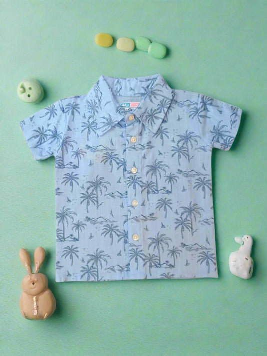 Blue baby boys premium cotton shirt with blue palm print – half sleeve, soft fabric, casual kidswear top