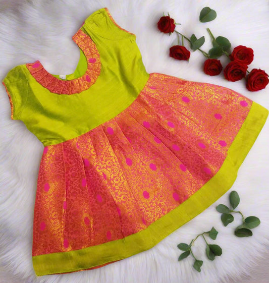 Girls Yellow and Maroon Banarasi Taffeta Frock with Cotton Lining
Traditional Indian Frock for Girls – Banarasi Silk Party Wear
Lotus Ethnic Banarasi Kids Frock for Weddings and Festivals
Yellow Bodice and Brocade Maroon Skirt Girls Ethnic Wear
Festive Banarasi Silk Frock for Baby Girls