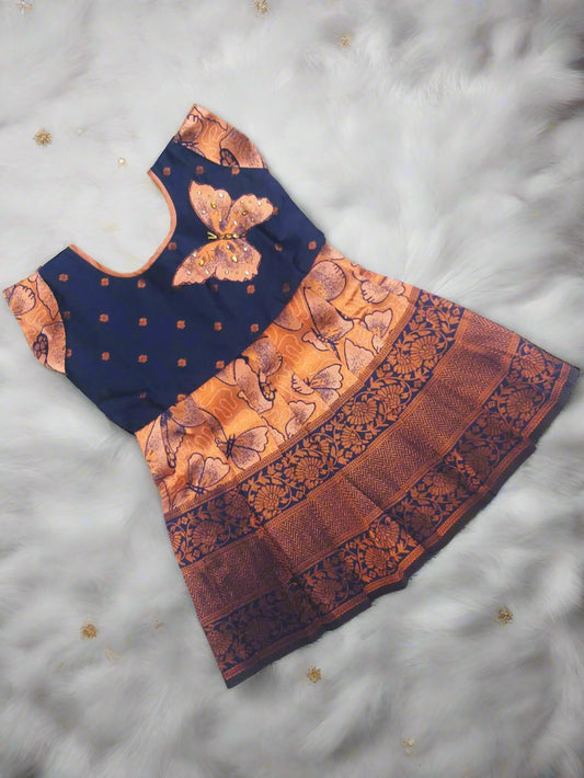 Banarasi silk frock for baby girl in navy blue and Peach with butterfly design and 3D kundan work for 0–3 years