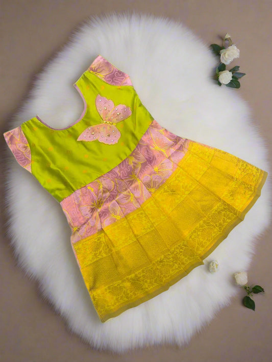 Banarasi silk frock for baby girl in Parrot green and pink with butterfly design and 3D kundan work for 0–3 years