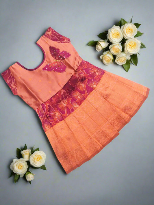 Banarasi silk frock for baby girl in Pink & Peach with butterfly design and 3D kundan work for 0–3 years