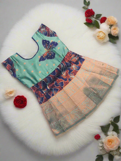 Banarasi silk frock for baby girl in navy blue and teal with butterfly design and 3D kundan work for 0–3 years