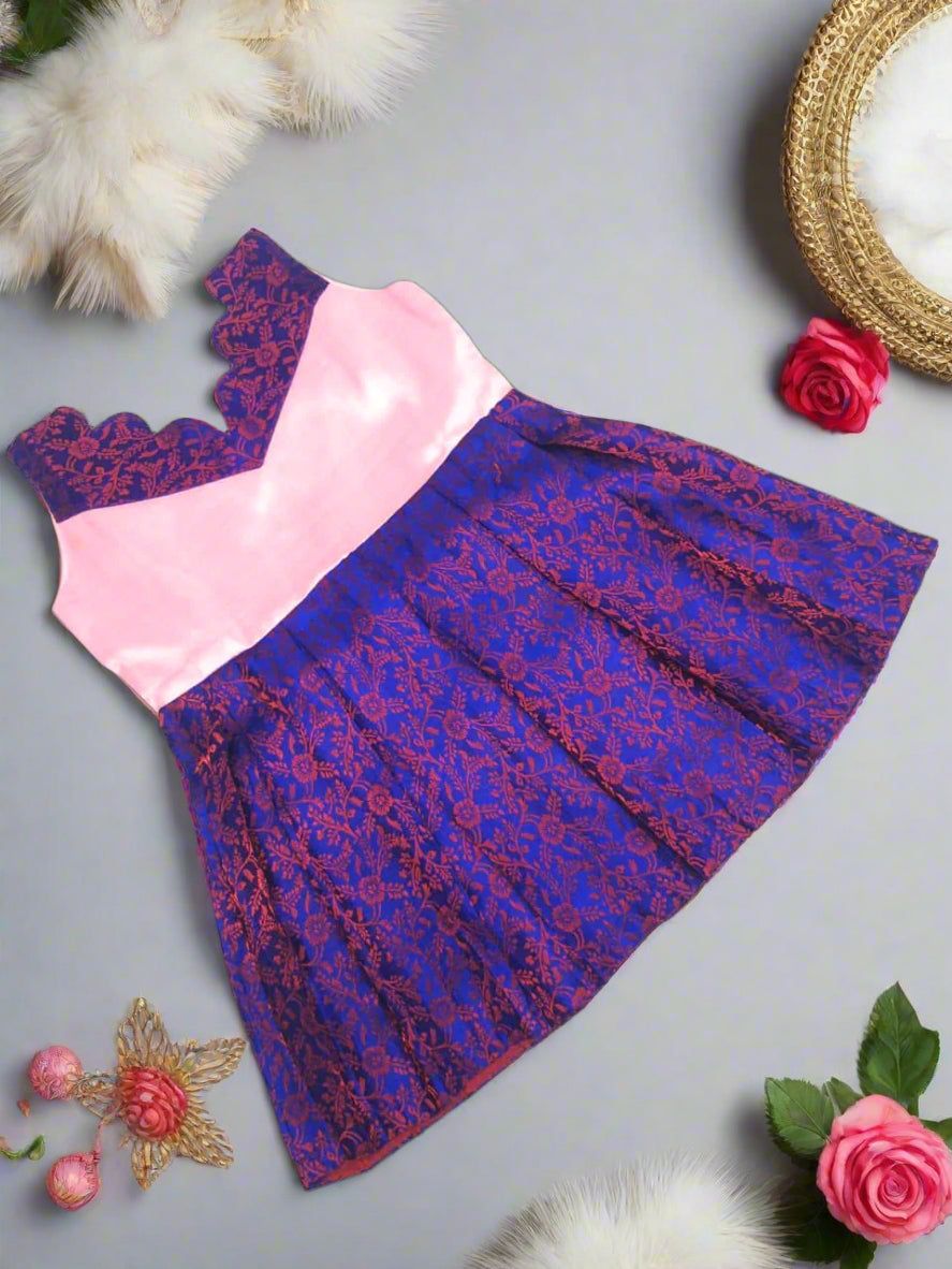 Blue and pink Banarasi jacquard frock for baby girl with scallop neck tissue top – traditional Indian ethnic dress for 0 to 5 years