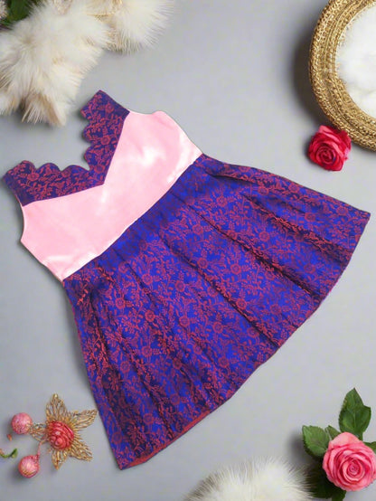 Blue and pink Banarasi jacquard frock for baby girl with scallop neck tissue top – traditional Indian ethnic dress for 0 to 5 years