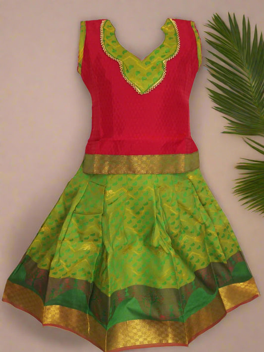 Green and red silk pattu pavadai for baby girl with zari border – South Indian traditional lehenga set for festivals and weddings