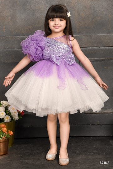 Lavender and white ombre one-shoulder party frock for baby girls with glitter bodice and ruffle sleeve – perfect for birthdays and weddings.