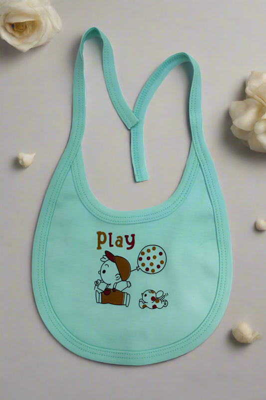 Soft Mint cotton baby bib with cartoon print and tie-up straps for newborn feeding
