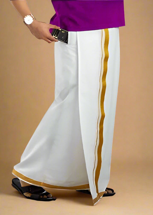 Men's Cotton Dhoti with Zip Pocket and Gold Zari Border – Traditional South Indian Festival Wear