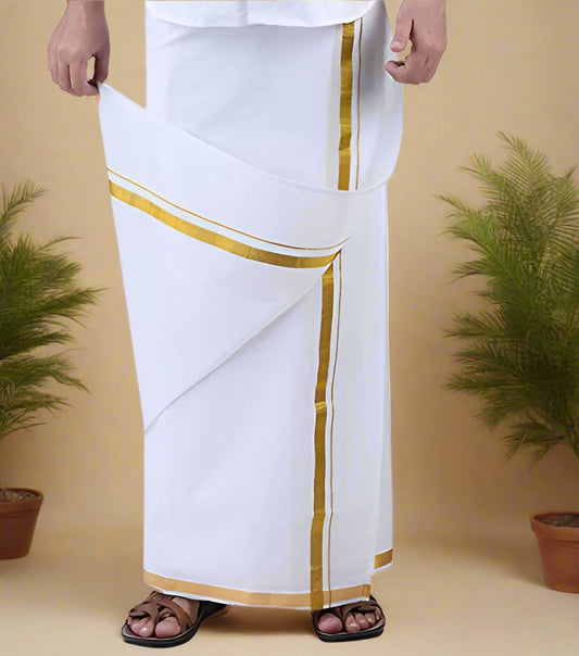 Men's Premium Cotton Dhoti with Gold Zari Border – Traditional 3.60 Meter South Indian Ethnic Wear