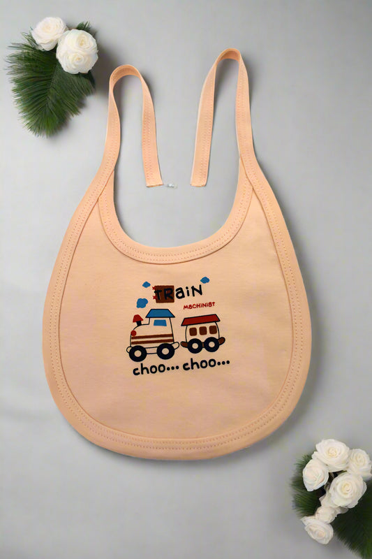 Soft orange cotton baby bib with cartoon train print and tie-up straps for newborn feeding