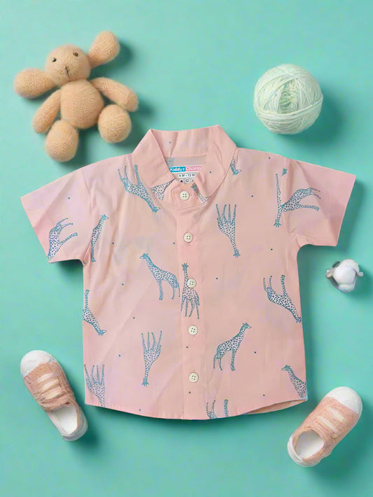Peach baby boys premium cotton shirt with blue giraffe print – half sleeve, soft fabric, casual kidswear top