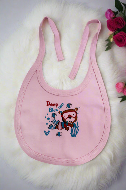 Soft Pink cotton baby bib with cartoon train print and tie-up straps for newborn feeding