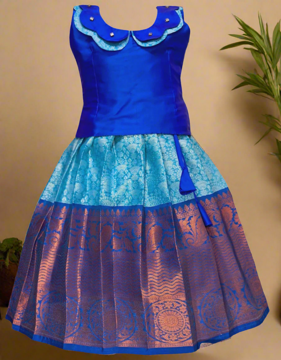 Royal Blue and Sky Blue Big Girls Banarasi Muslin Pattu Pavadai with Scallop Neck Blouse and Puff Sleeves – Traditional South Indian Dress