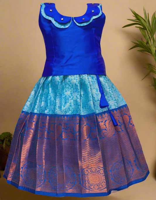 Royal Blue and Sky Blue Big Girls Banarasi Muslin Pattu Pavadai with Scallop Neck Blouse and Puff Sleeves – Traditional South Indian Dress