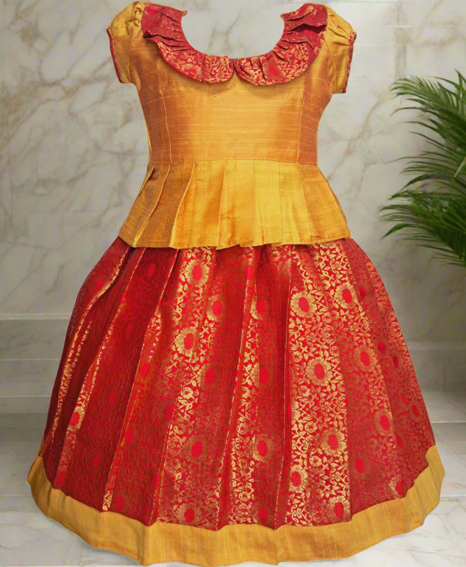Tafetta Banarasi Flounce Frill 2 Pattupavadi Red