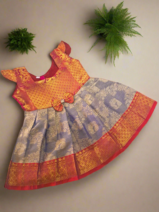 Baby girl traditional Banarasi Jacquard frock with green and gold zari work and red blouse design – festive kids ethnic wear