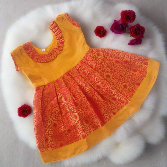 Girls Yellow and Maroon Banarasi Taffeta Frock with Cotton Lining
Traditional Indian Frock for Girls – Banarasi Silk Party Wear
Lotus Ethnic Banarasi Kids Frock for Weddings and Festivals
Yellow Bodice and Brocade Maroon Skirt Girls Ethnic Wear
Festive Banarasi Silk Frock for Baby Girls