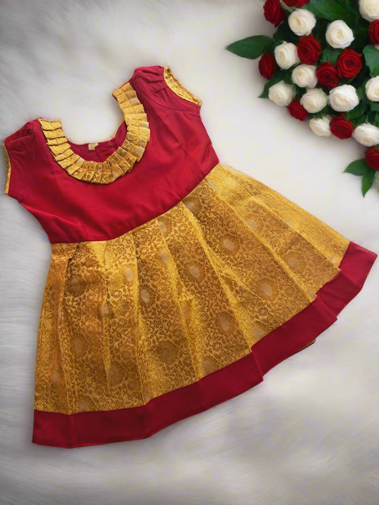 Girls Yellow and Maroon Banarasi Taffeta Frock with Cotton Lining
Traditional Indian Frock for Girls – Banarasi Silk Party Wear
Lotus Ethnic Banarasi Kids Frock for Weddings and Festivals
Yellow Bodice and Brocade Maroon Skirt Girls Ethnic Wear
Festive Banarasi Silk Frock for Baby Girls