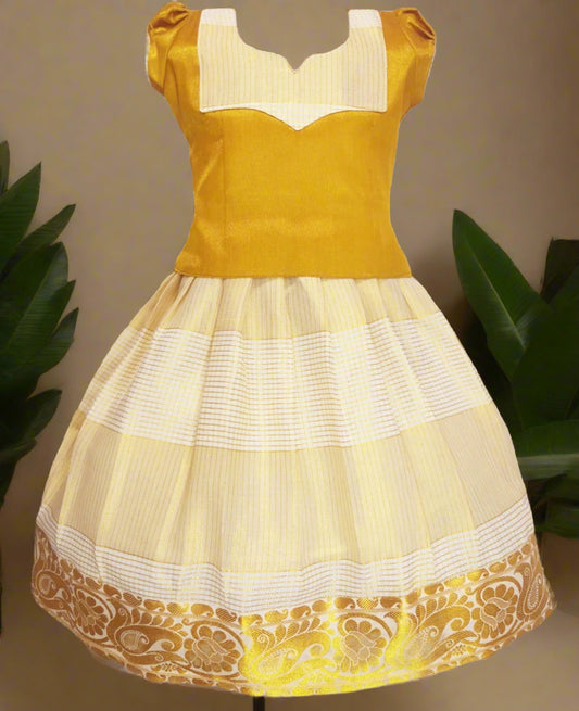 Girls Kerala Pattu Pavadai with Kasavu Border and Gold Tissue Silk Top – Festival and Temple Wear for Kids