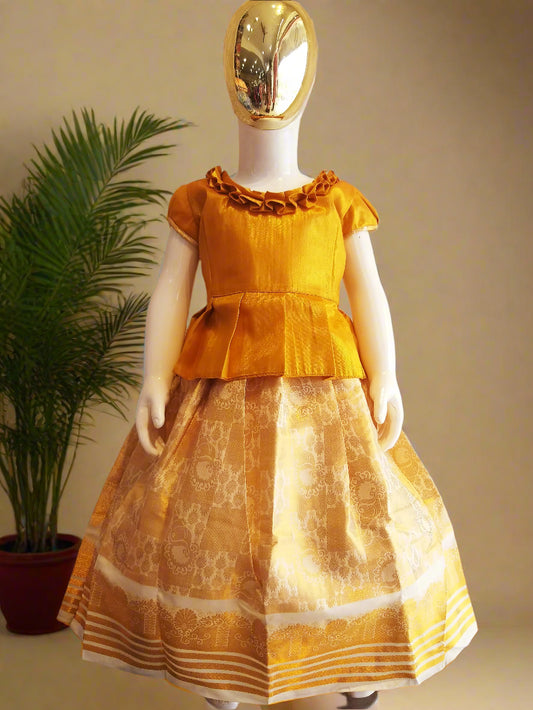 Traditional Girls Jacquard Pattu Pavadai with Golden tissue Flounce Neck Top - Kids South Indian Silk Dress