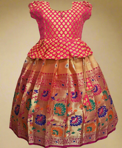 Traditional red and gold Chanderi Paithani Pattu Pavadai with Banarasi peplum blouse for girls