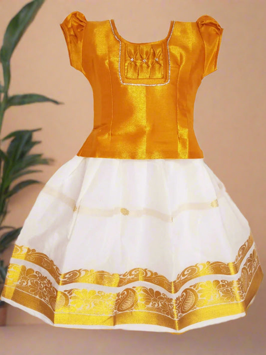 Kerala Kasavu Pavada with Tissue Golden top with Biutterfly stone work on neck