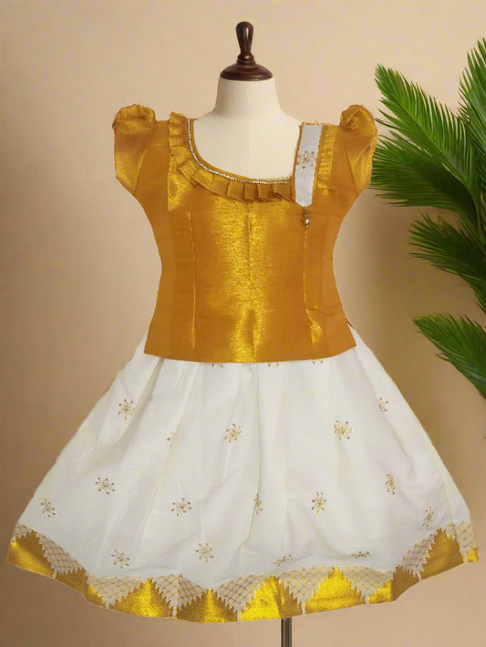 Girls Kerala Kasavu Cotton Cream Pattupavadai with Tissue Ruffle Bead Work Blouse
