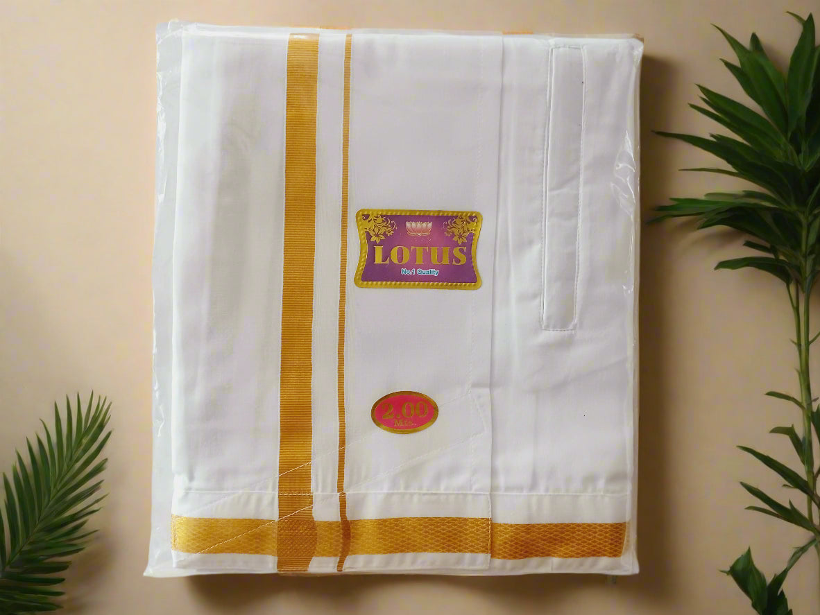 Men's Cotton Dhoti with Zip Pocket and Gold Zari Border – Traditional South Indian Festival Wear packed