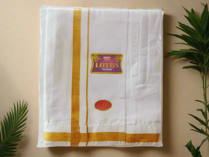 Men's Cotton Dhoti with Zip Pocket and Gold Zari Border – Traditional South Indian Festival Wear packed