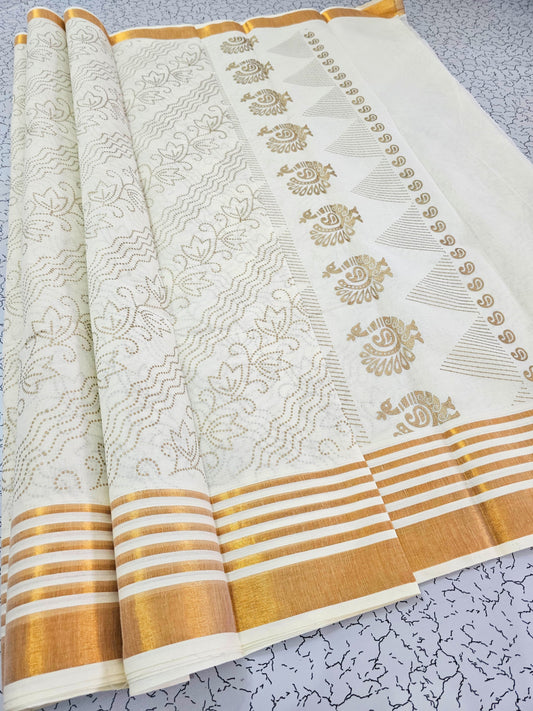 White and gold cotton saree with paisley motifs and striped pallu – traditional South Indian festive wear