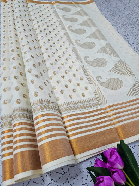 Elegant Kerala Kasavu White and Gold Cotton Saree with Gold Printed – Festive & Traditional Wear 2