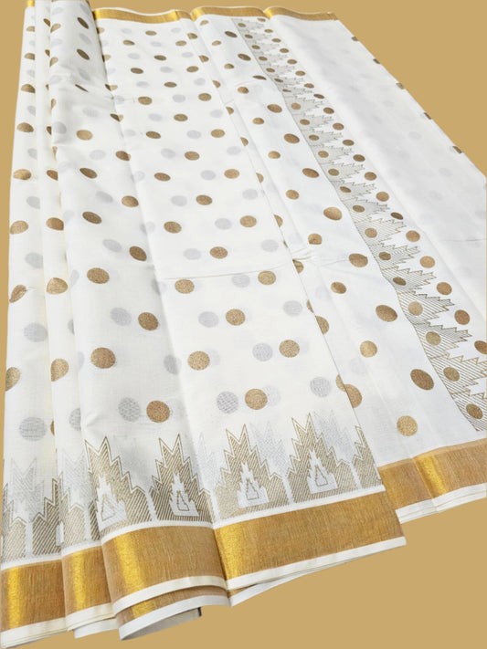 White and gold cotton saree with paisley motifs and striped pallu – traditional South Indian festive wear