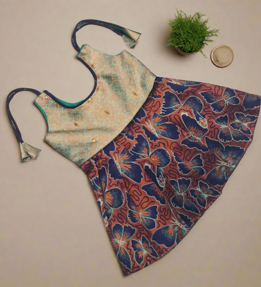Light Blue and Blue Banarasi Jacquard Baby Frock with Butterfly Design and Aari Work