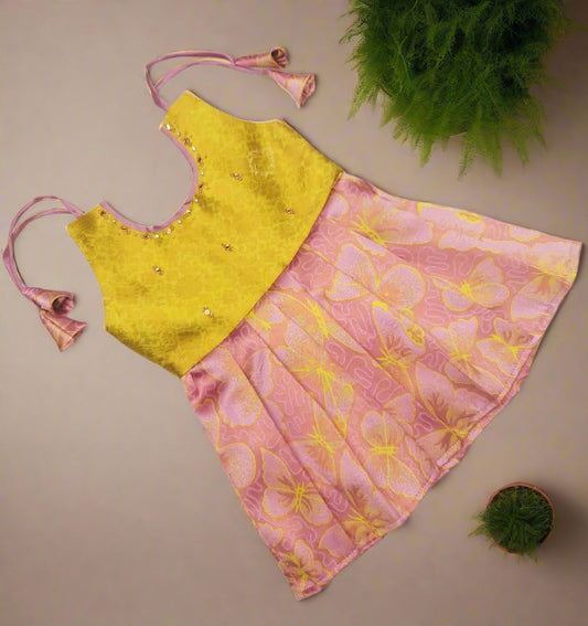Parrot Green and Pink Designer Silk Baby Frock with Cotton Lining and Butterfly Emboss