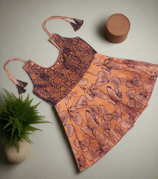 Peach and Navy blue Banarasi Silk Baby Frock with Butterfly Motif and Aari Embroidery