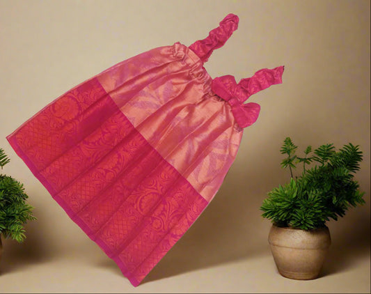 Pink Jacquard Tissue Silk Frock for Baby Naming Ceremony