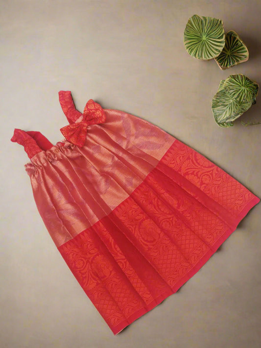 Newborn Chanderi Tissue Silk Frock with Red Bow