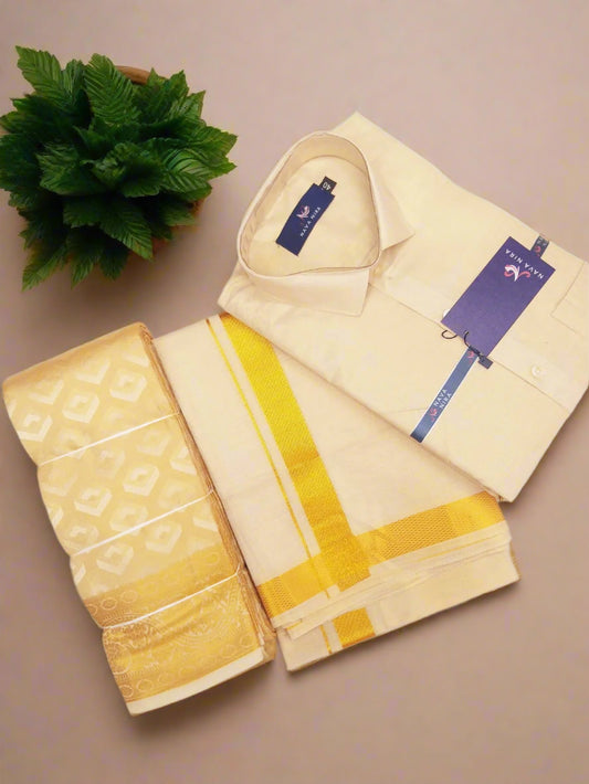 Men's tissue silk dhoti and shirt with women's tissue saree combo – front view