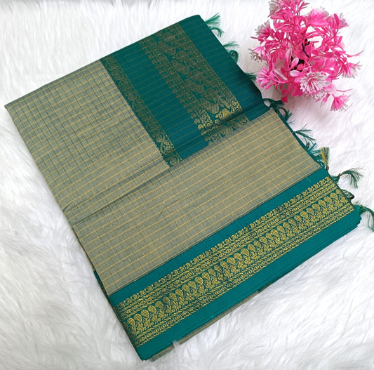 Traditional Dark Grey Kalyani cotton saree with zari border and checked pattern – lightweight daily wear handloom saree